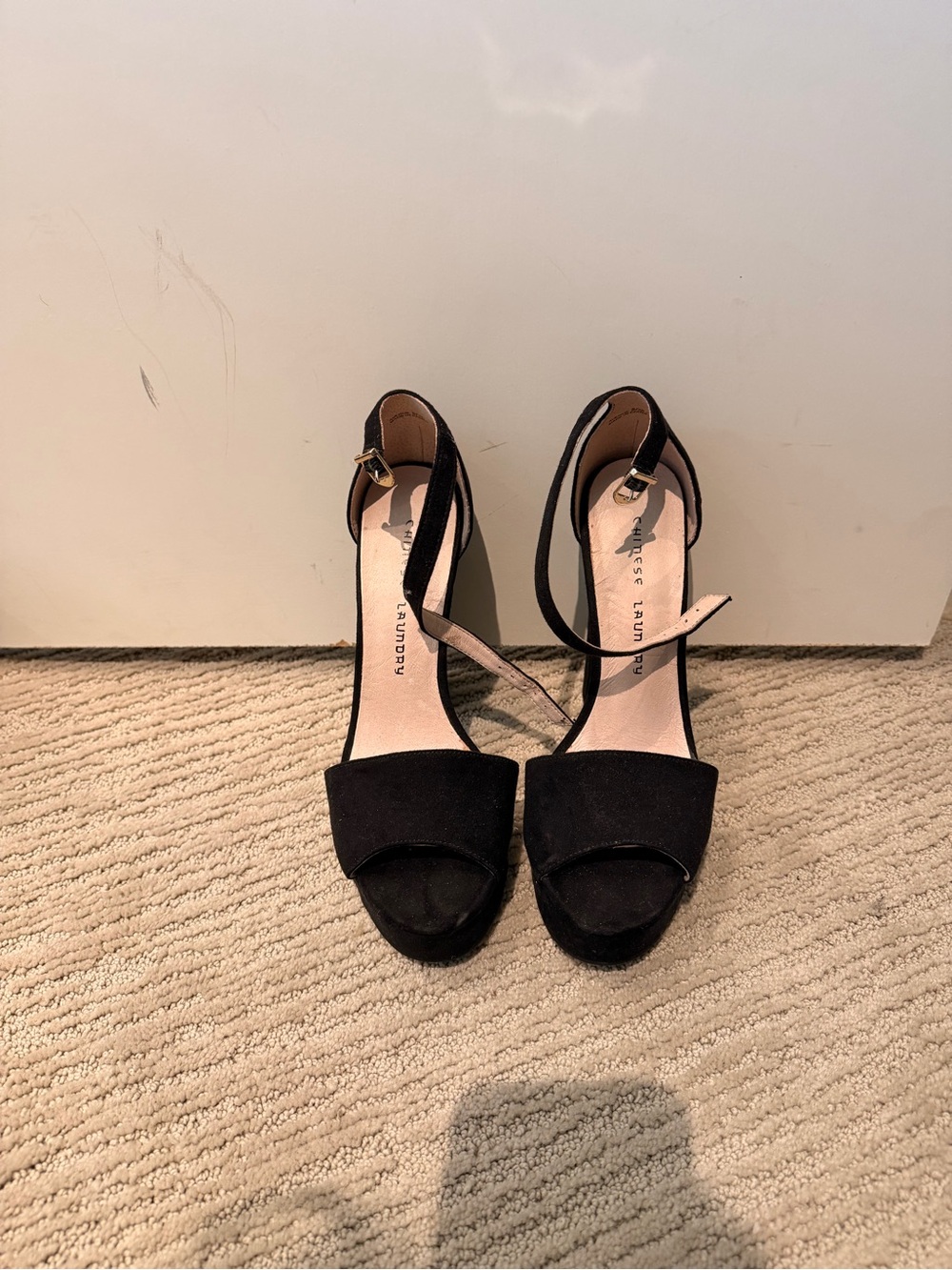 Chinese Laundry Black Suede Ankle-Strap Open-Toe Heels